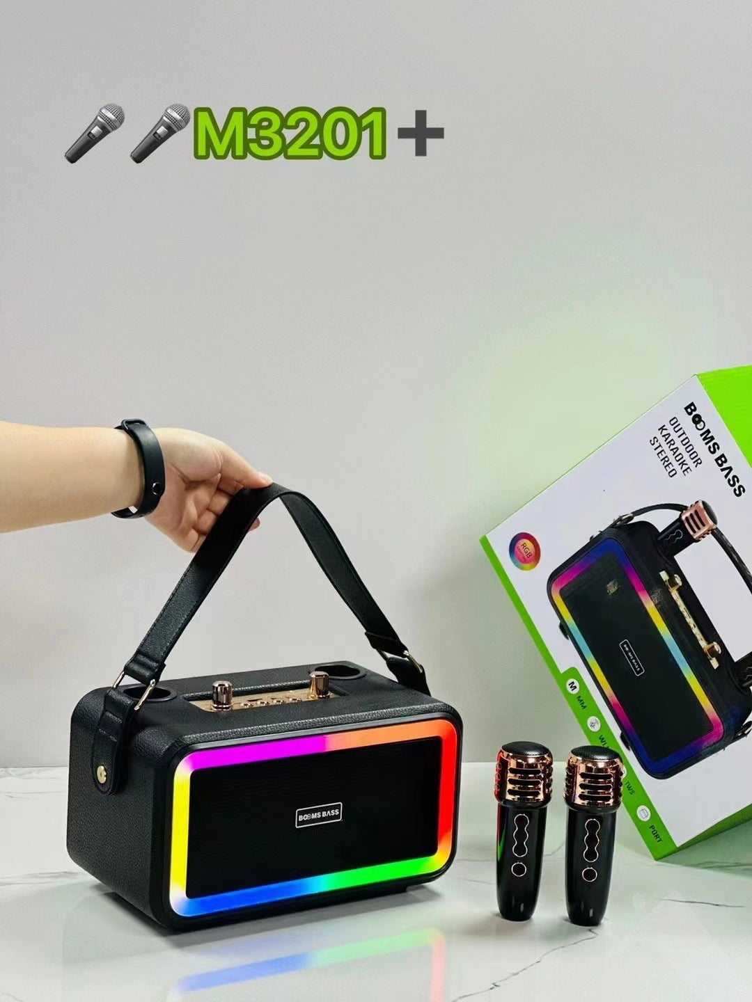 M3201 Portable Bluetooth Karaoke Speaker with Dual Wireless Microphones – Colorful LED, 2x8W Output, Ideal for Outdoor Party & Home Use