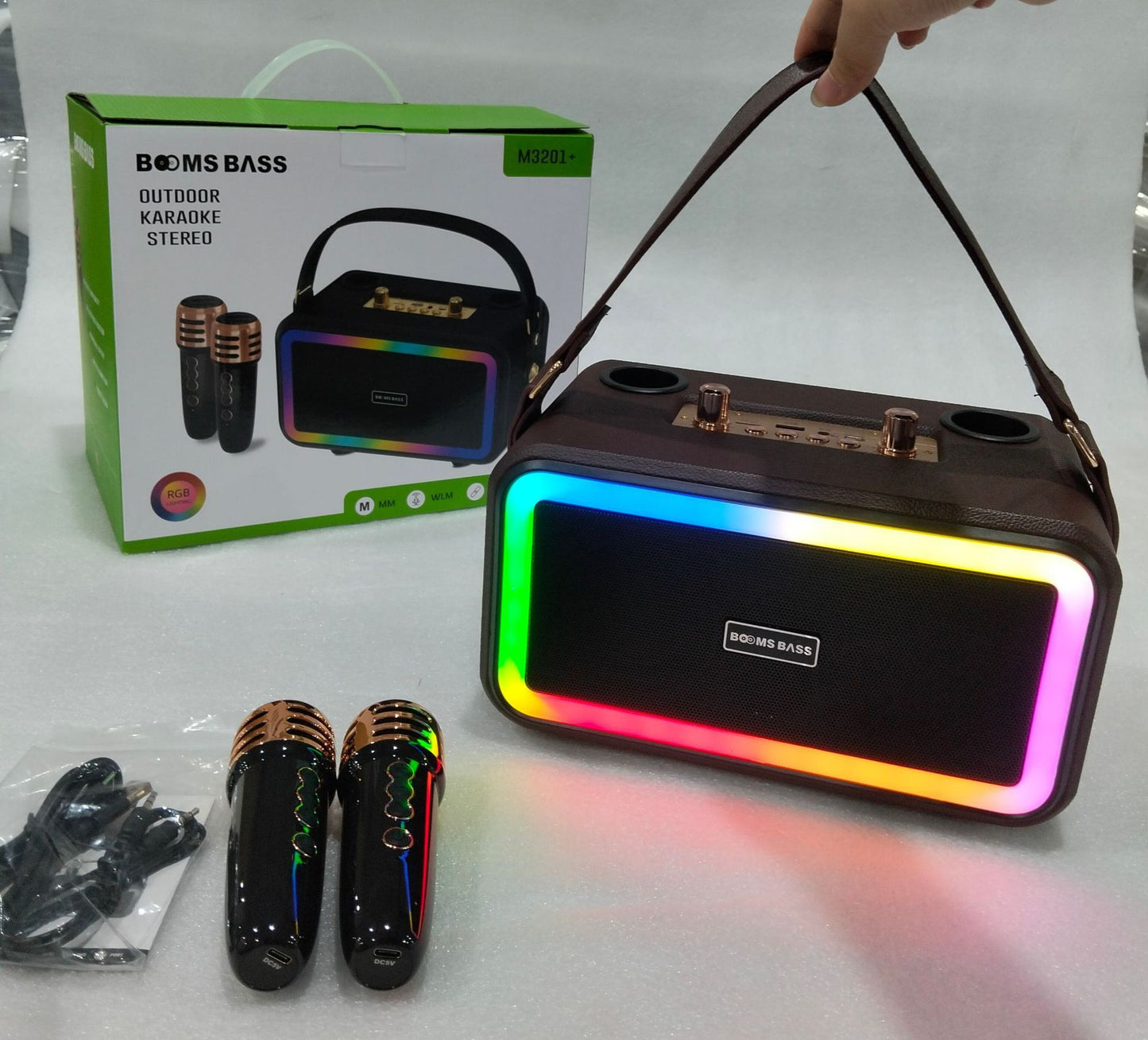 M3201 Portable Bluetooth Karaoke Speaker with Dual Wireless Microphones – Colorful LED, 2x8W Output, Ideal for Outdoor Party & Home Use