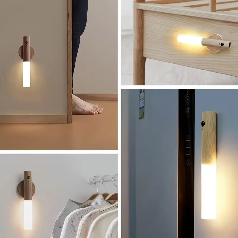 Modern Wood LED Wall Light | Motion Sensor Night Lamp | USB Rechargeable | Magnetic & Portable Stick-On Lighting