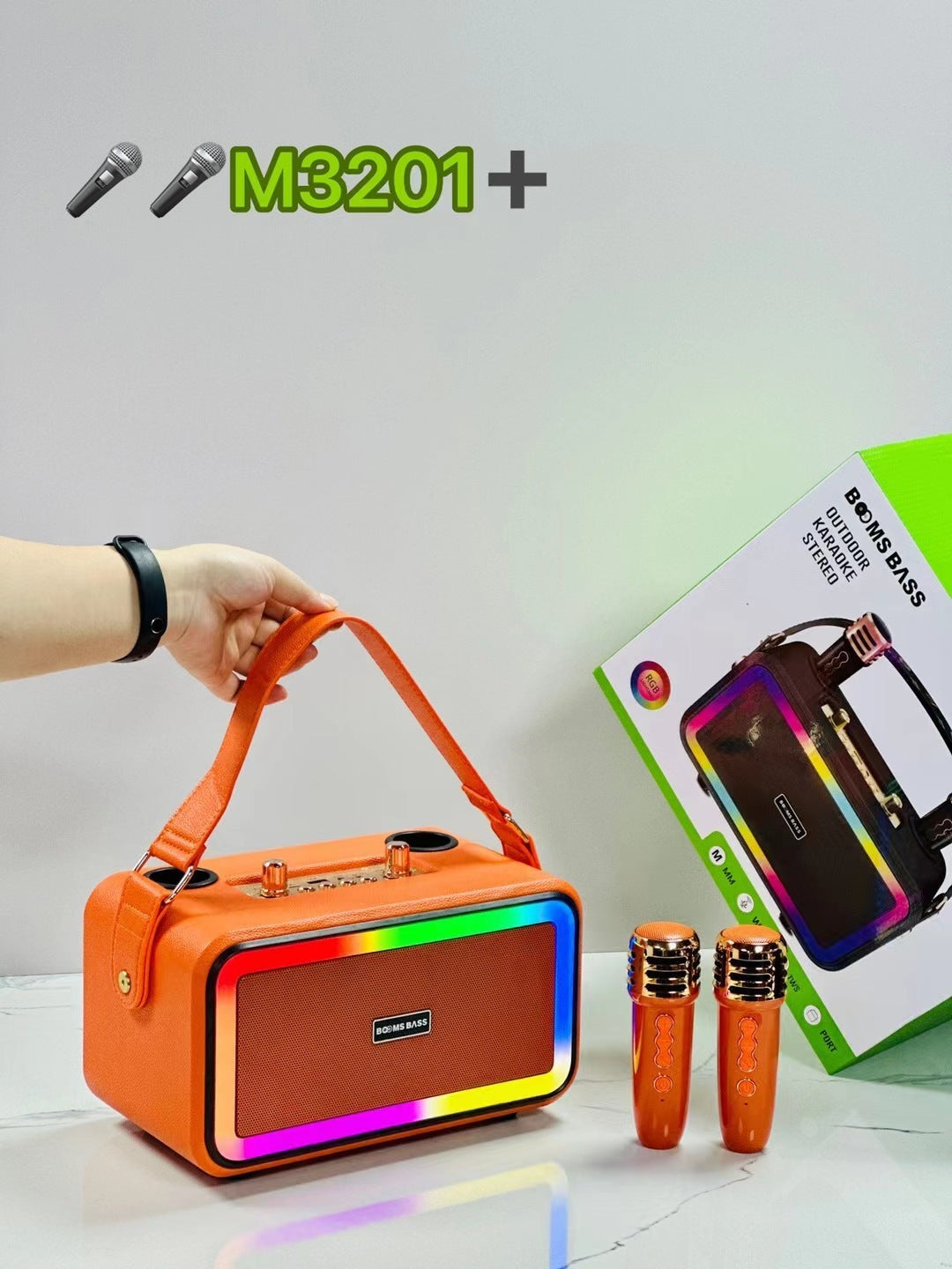 M3201 Portable Bluetooth Karaoke Speaker with Dual Wireless Microphones – Colorful LED, 2x8W Output, Ideal for Outdoor Party & Home Use