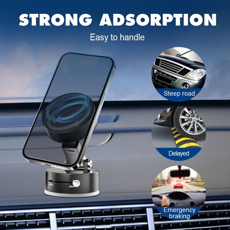 Foldable Magnetic Phone Holder with Vacuum Suction | Double-Sided Mount | 360° Adjustable | Portable Stand for All Smartphones