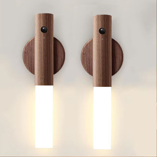 Modern Wood LED Wall Light | Motion Sensor Night Lamp | USB Rechargeable | Magnetic & Portable Stick-On Lighting