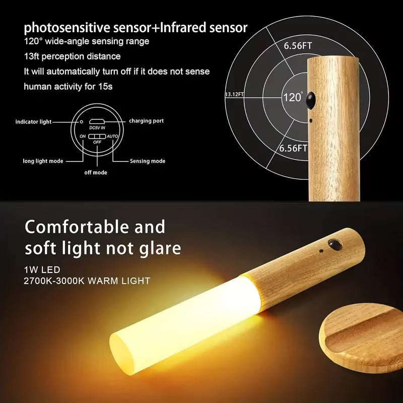 Modern Wood LED Wall Light | Motion Sensor Night Lamp | USB Rechargeable | Magnetic & Portable Stick-On Lighting