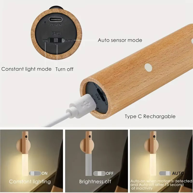 Modern Wood LED Wall Light | Motion Sensor Night Lamp | USB Rechargeable | Magnetic & Portable Stick-On Lighting