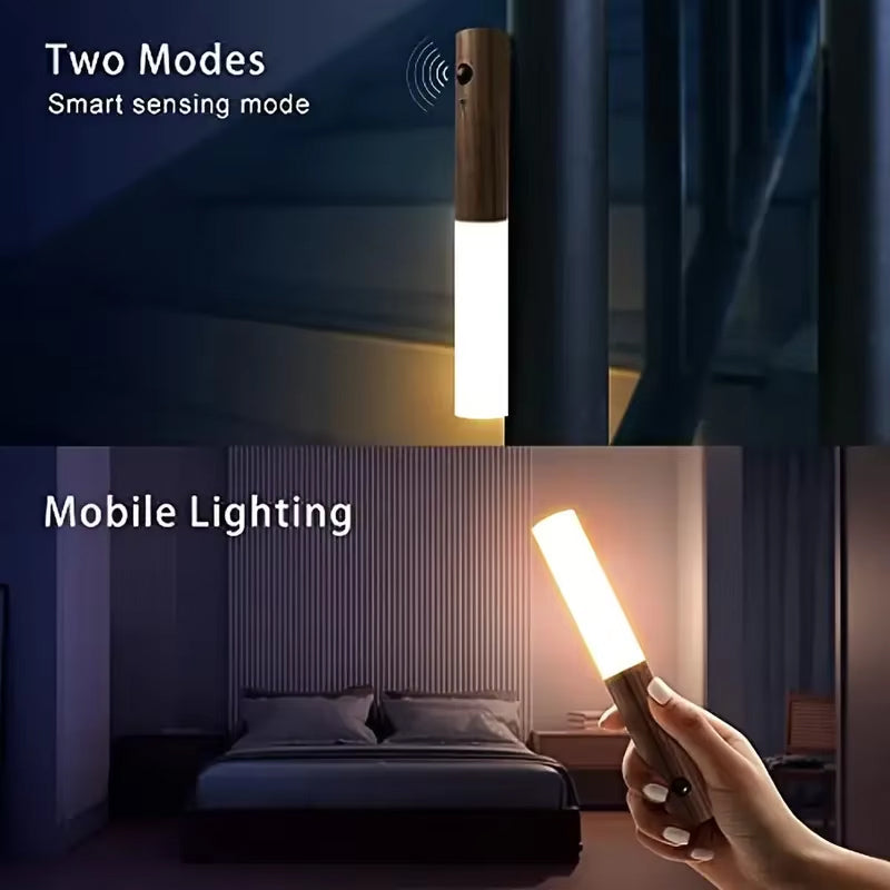 Modern Wood LED Wall Light | Motion Sensor Night Lamp | USB Rechargeable | Magnetic & Portable Stick-On Lighting