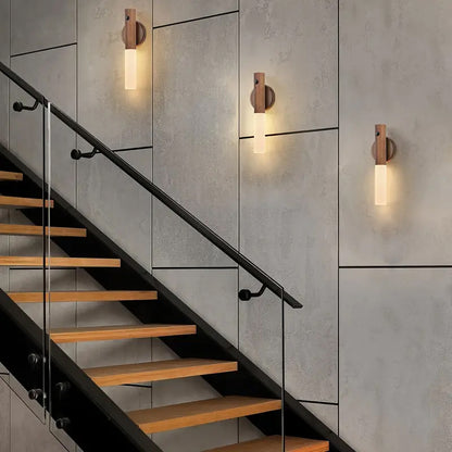 Modern Wood LED Wall Light | Motion Sensor Night Lamp | USB Rechargeable | Magnetic & Portable Stick-On Lighting